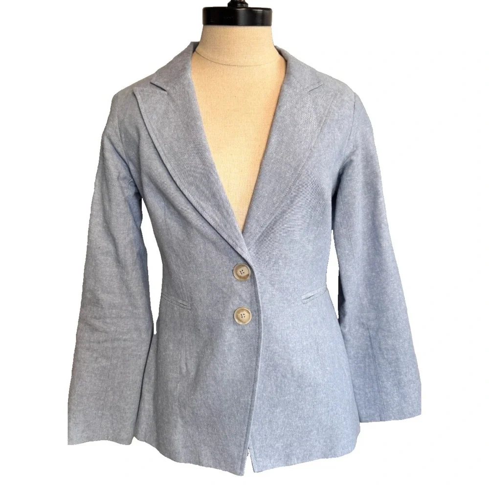 PAIGE 2-Button Women's Blazer Blue Chambray Linen Cotton Jacket‎ Classic Small